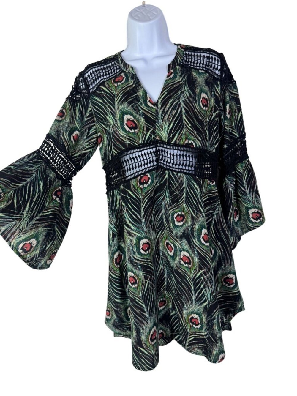 Design Lab Womens Peacock Print Crochet Bell‎ Sleeves Mini Dress Small Novelty